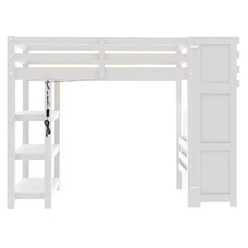 Lit mezzanine double/grand format avec étagères, escalier de rangement, petite armoire et lumière LED blanche, blanc - ModernLuxe