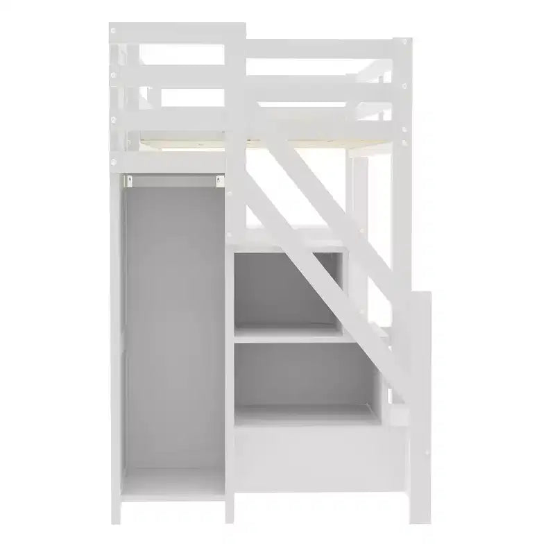 Lit mezzanine double/grand format avec étagères, escalier de rangement, petite armoire et lumière LED blanche, blanc - ModernLuxe