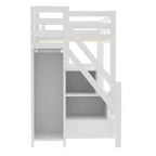 Lit mezzanine double/grand format avec étagères, escalier de rangement, petite armoire et lumière LED blanche, blanc - ModernLuxe