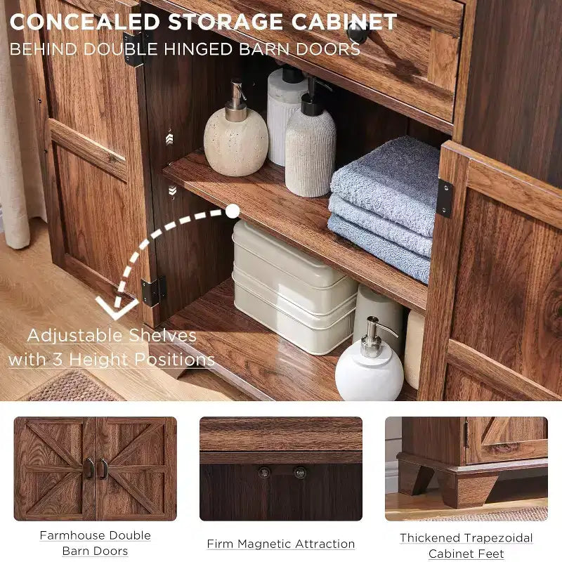 SinCiDo 72" Grand Meuble de Rangement de Salle de Bain de Style Ferme, Étagères Réglables, Porte Coulissante et 2 Tiroirs pour Salle de Bain, Salon, Cuisine