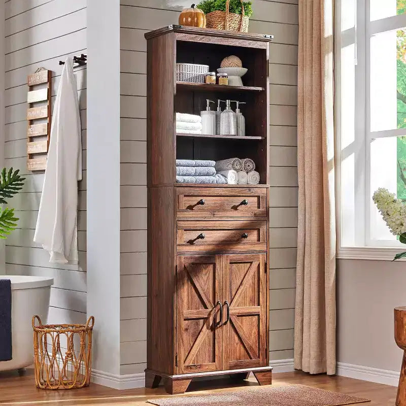 SinCiDo 72" Grand Meuble de Rangement de Salle de Bain de Style Ferme, Étagères Réglables, Porte Coulissante et 2 Tiroirs pour Salle de Bain, Salon, Cuisine