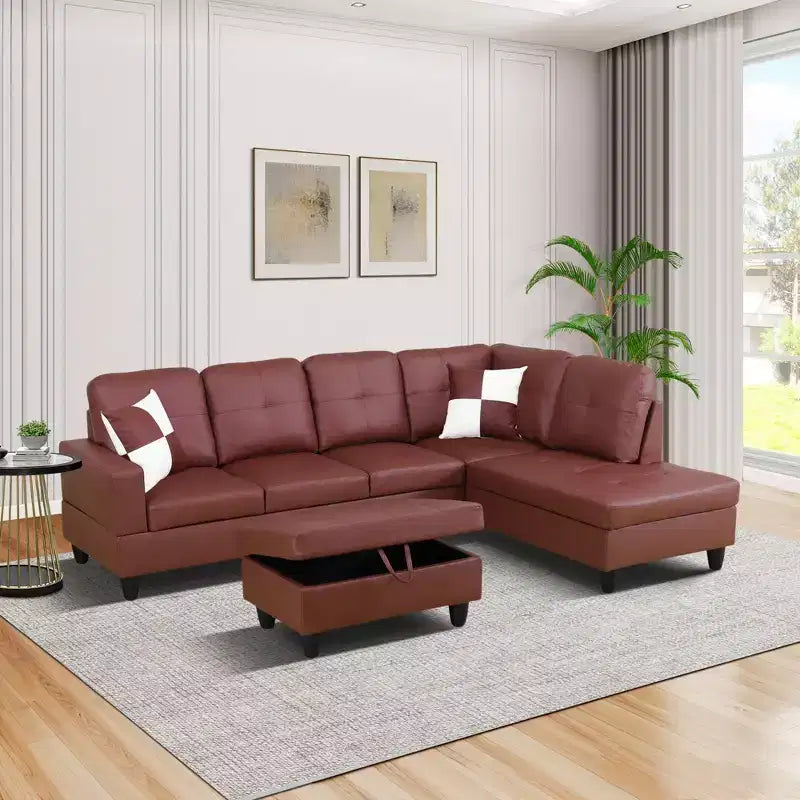 Canapé d'angle en cuir bordeaux avec pouf