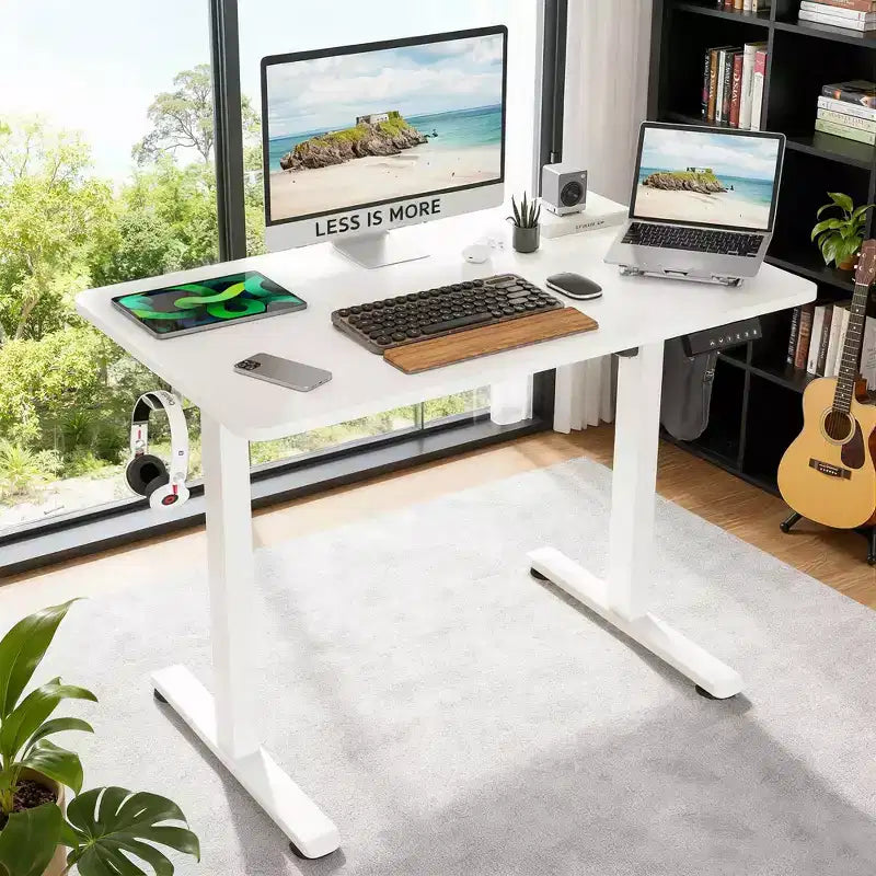 MAYEERTY 40x24 Bureau Debout Électrique Blanc - Plateau en deux parties, Fonction Assis-Debout pour Bureau à Domicile