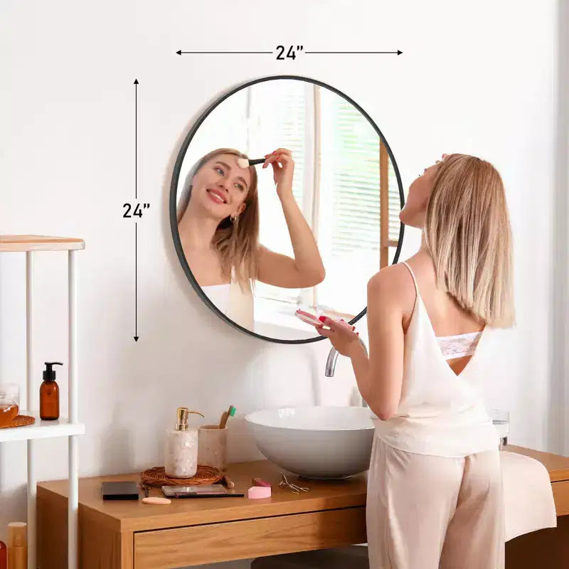 Miroir de courtoisie rond de 24 pouces, miroir mural de salle de bain à cadre en aluminium pour chambre à coucher, noir
