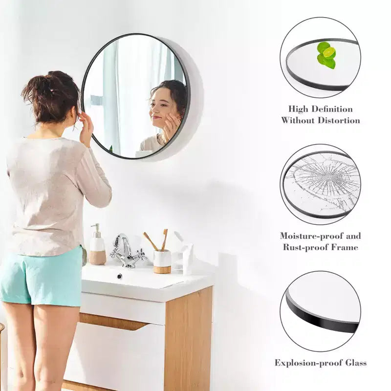 Miroir de courtoisie rond de 24 pouces, miroir mural de salle de bain à cadre en aluminium pour chambre à coucher, noir