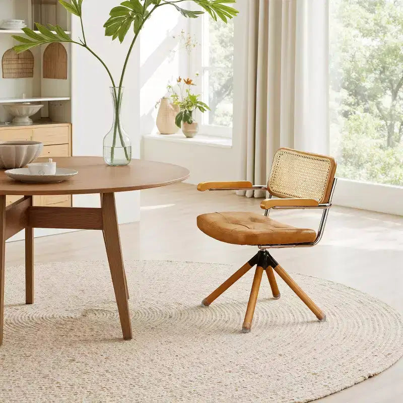 Chaise de salle à manger pivotante Art Leon en similicuir avec dossier en rotin et pieds en bois massif