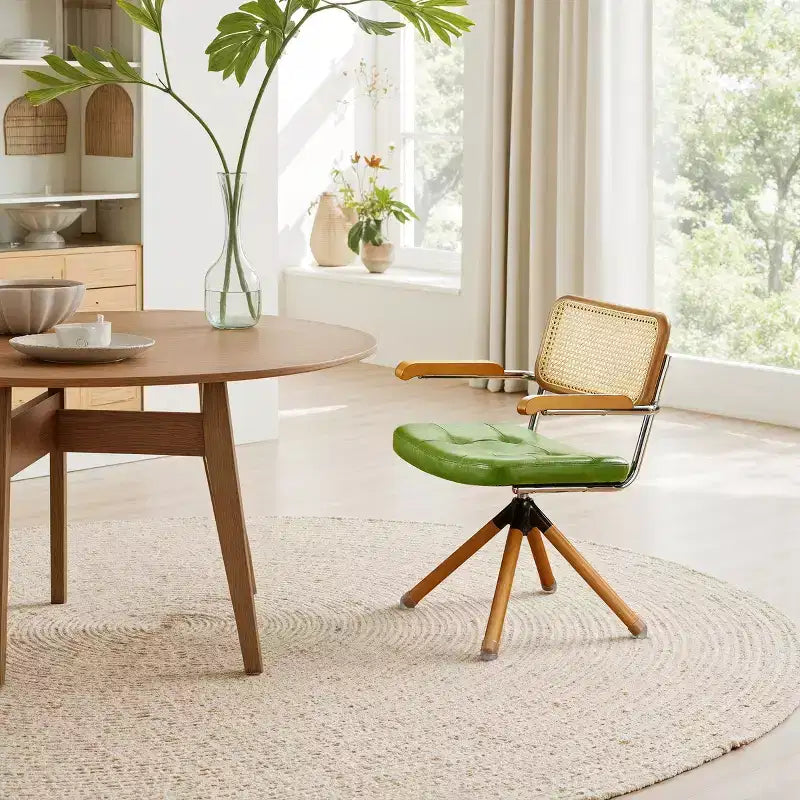 Chaise de salle à manger pivotante Art Leon en similicuir avec dossier en rotin et pieds en bois massif