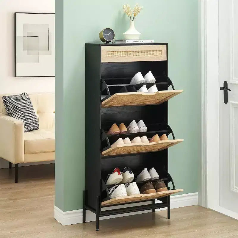 Acekool Rattan Shoe Cabinet with 3 Flip Drawers, 1 Top Drawer & 4 Adjustable Shelves, Compact Entryway Organizer with Metal Legs and Anti-Tip Device