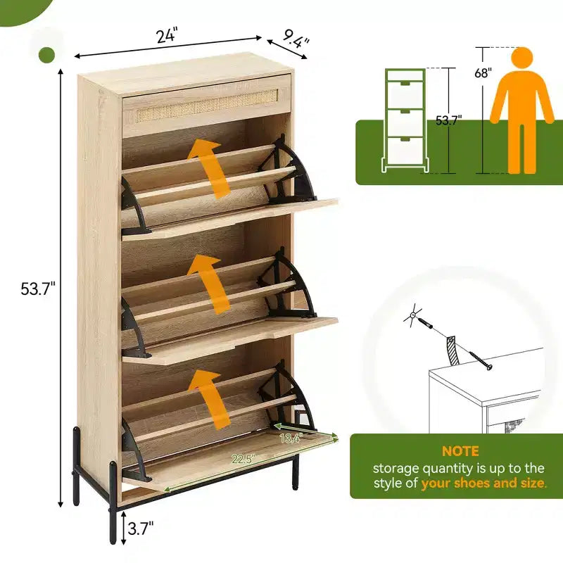 Meuble à chaussures Acekool en rotin avec 3 tiroirs à abattant, 1 tiroir supérieur et 4 étagères réglables, organiseur compact d'entrée avec pieds en métal et dispositif anti-basculement