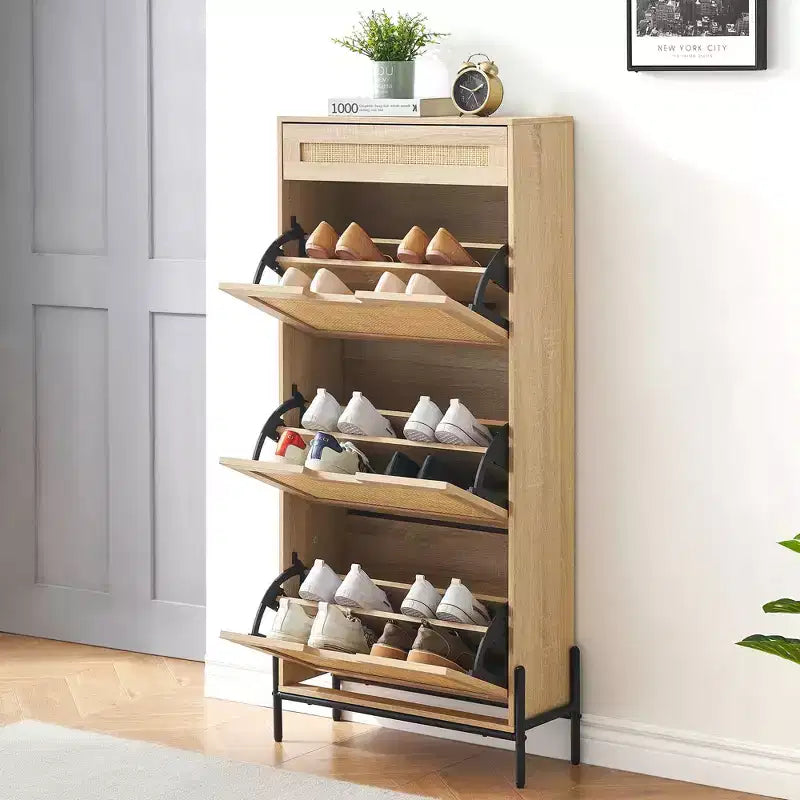 Meuble à chaussures Acekool en rotin avec 3 tiroirs à abattant, 1 tiroir supérieur et 4 étagères réglables, organiseur compact d'entrée avec pieds en métal et dispositif anti-basculement