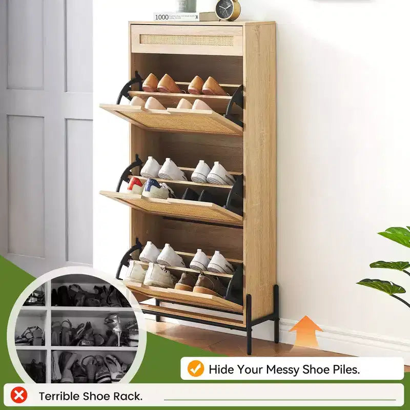 Meuble à chaussures Acekool en rotin avec 3 tiroirs à abattant, 1 tiroir supérieur et 4 étagères réglables, organiseur compact d'entrée avec pieds en métal et dispositif anti-basculement