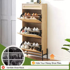 Meuble à chaussures Acekool en rotin avec 3 tiroirs à abattant, 1 tiroir supérieur et 4 étagères réglables, organiseur compact d'entrée avec pieds en métal et dispositif anti-basculement