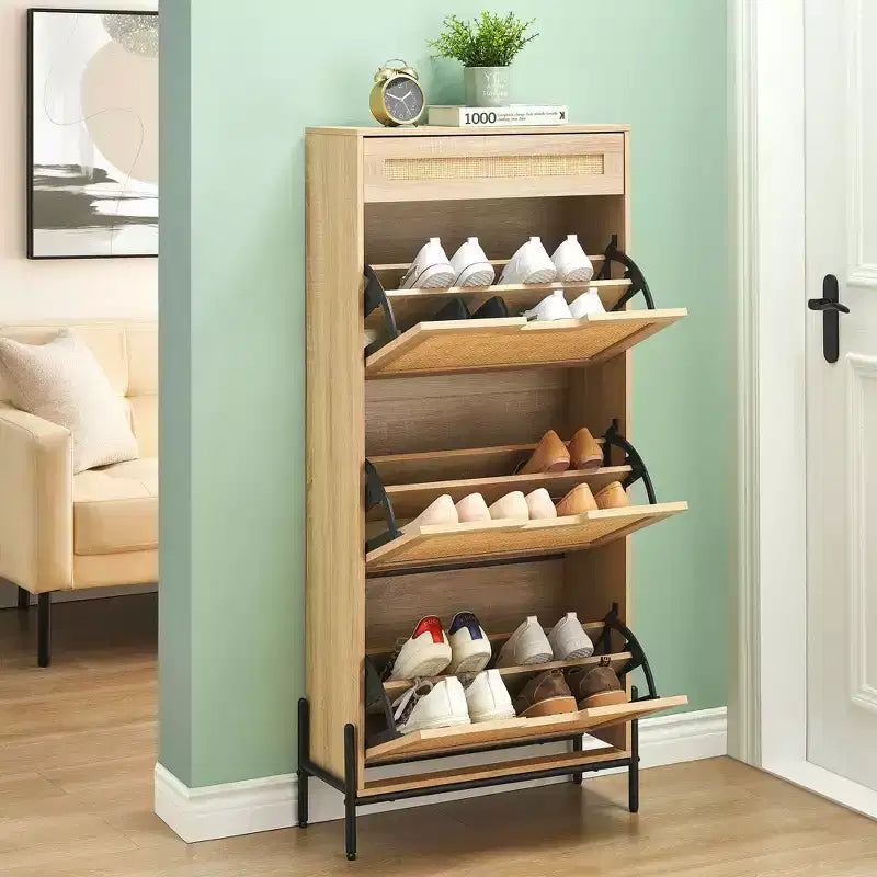 Meuble à chaussures Acekool en rotin avec 3 tiroirs à abattant, 1 tiroir supérieur et 4 étagères réglables, organiseur compact d'entrée avec pieds en métal et dispositif anti-basculement