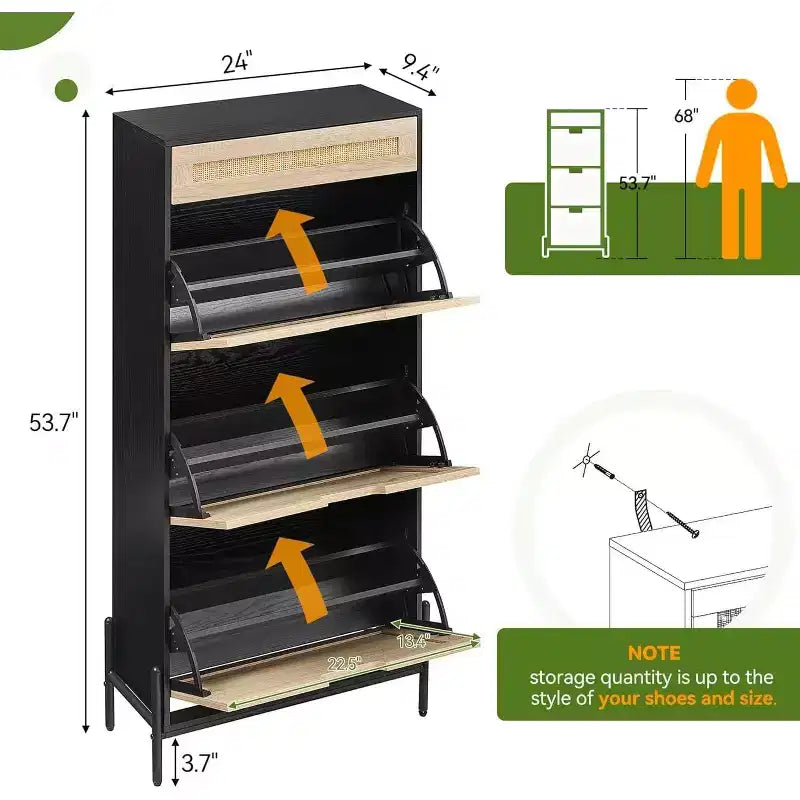 Meuble à chaussures Acekool en rotin avec 3 tiroirs à abattant, 1 tiroir supérieur et 4 étagères réglables, organiseur compact d'entrée avec pieds en métal et dispositif anti-basculement