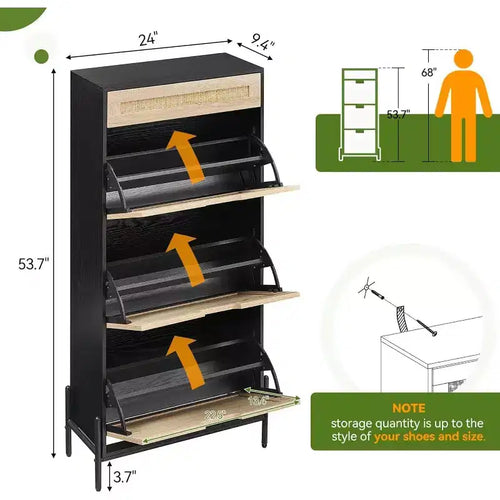 Meuble à chaussures Acekool en rotin avec 3 tiroirs à abattant, 1 tiroir supérieur et 4 étagères réglables, organiseur compact d'entrée avec pieds en métal et dispositif anti-basculement