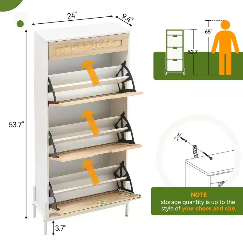 Meuble à chaussures Acekool en rotin avec 3 tiroirs à abattant, 1 tiroir supérieur et 4 étagères réglables, organiseur compact d'entrée avec pieds en métal et dispositif anti-basculement