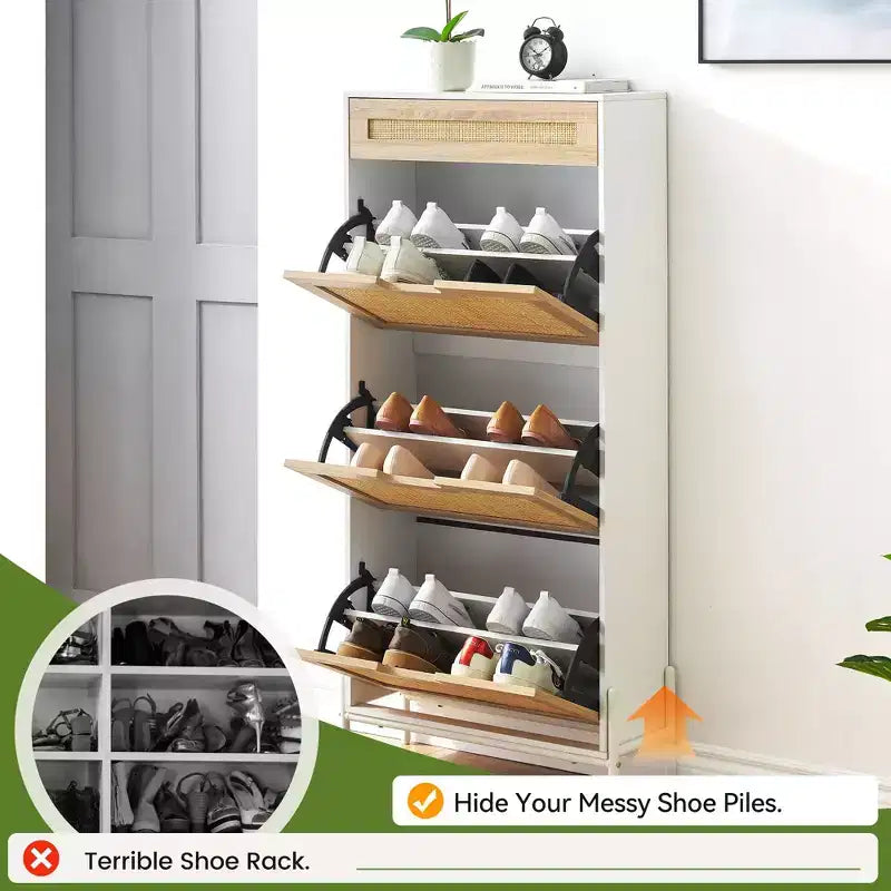 Meuble à chaussures Acekool en rotin avec 3 tiroirs à abattant, 1 tiroir supérieur et 4 étagères réglables, organiseur compact d'entrée avec pieds en métal et dispositif anti-basculement