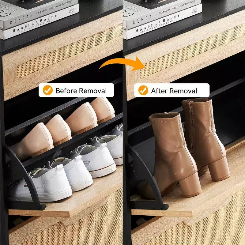 Meuble à chaussures Acekool en rotin avec 3 tiroirs à abattant, 1 tiroir supérieur et 4 étagères réglables, organiseur compact d'entrée avec pieds en métal et dispositif anti-basculement