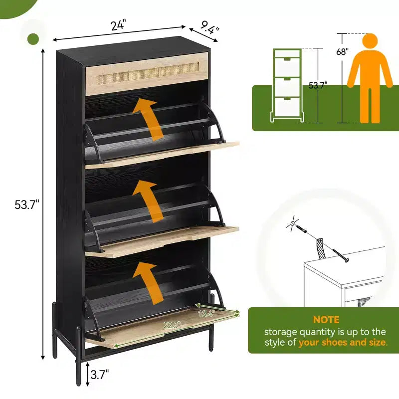 Meuble à chaussures Acekool en rotin avec 3 tiroirs à abattant, 1 tiroir supérieur et 4 étagères réglables, organiseur compact d'entrée avec pieds en métal et dispositif anti-basculement