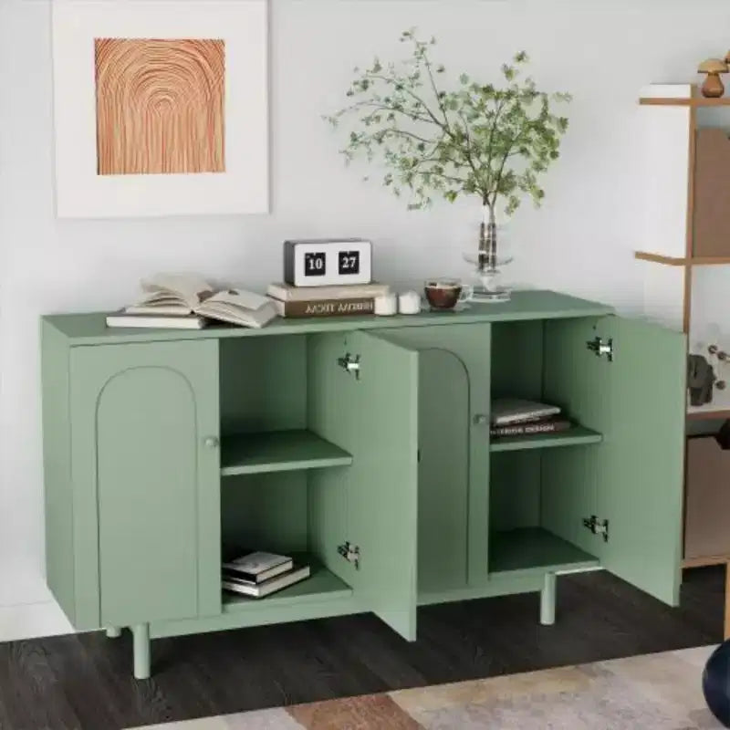 Stylish and Functional 4-Door Intaglio Storage Cabinet with Pine Legs, Solid Wood Pulls and MDF, for Living Room Bedroom,and Kitchen