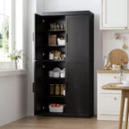 67 Black Wood Grain 6-Story Decorative Storage Cabinet with Wicker Door