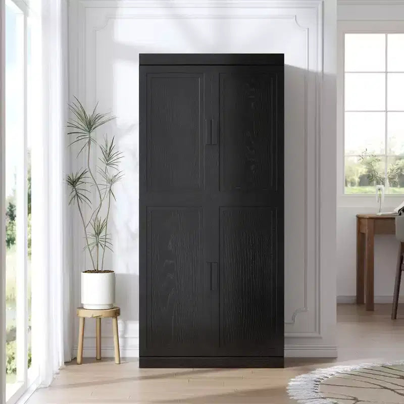 Meuble de rangement décoratif à 6 niveaux en grain de bois noir 67 avec porte en osier