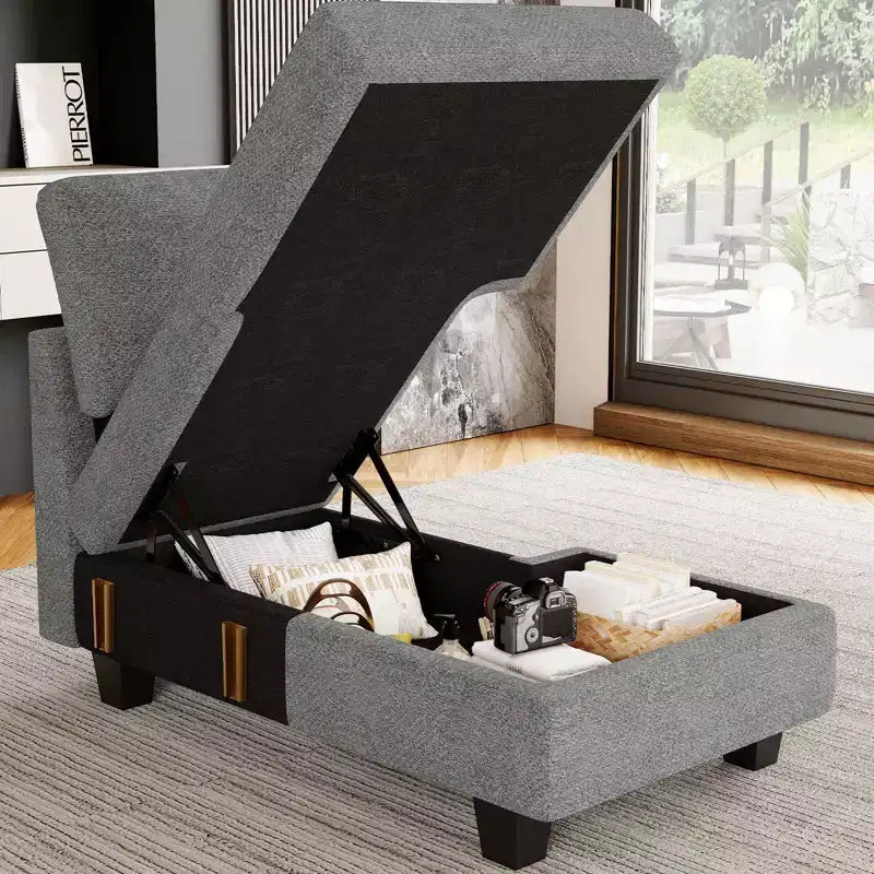 Module chaise longue de rangement Belffin (côté droit) - Canapé sectionnel modulable en chenille avec compartiments cachés et assemblage rapide