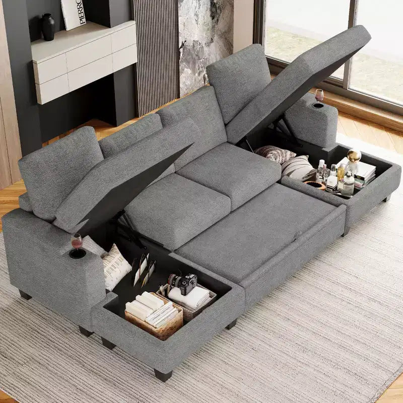 Module chaise longue de rangement Belffin (côté droit) - Canapé sectionnel modulable en chenille avec compartiments cachés et assemblage rapide