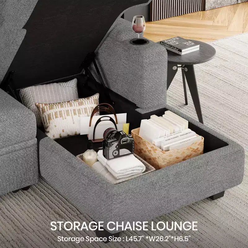 Module chaise longue de rangement Belffin (côté droit) - Canapé sectionnel modulable en chenille avec compartiments cachés et assemblage rapide