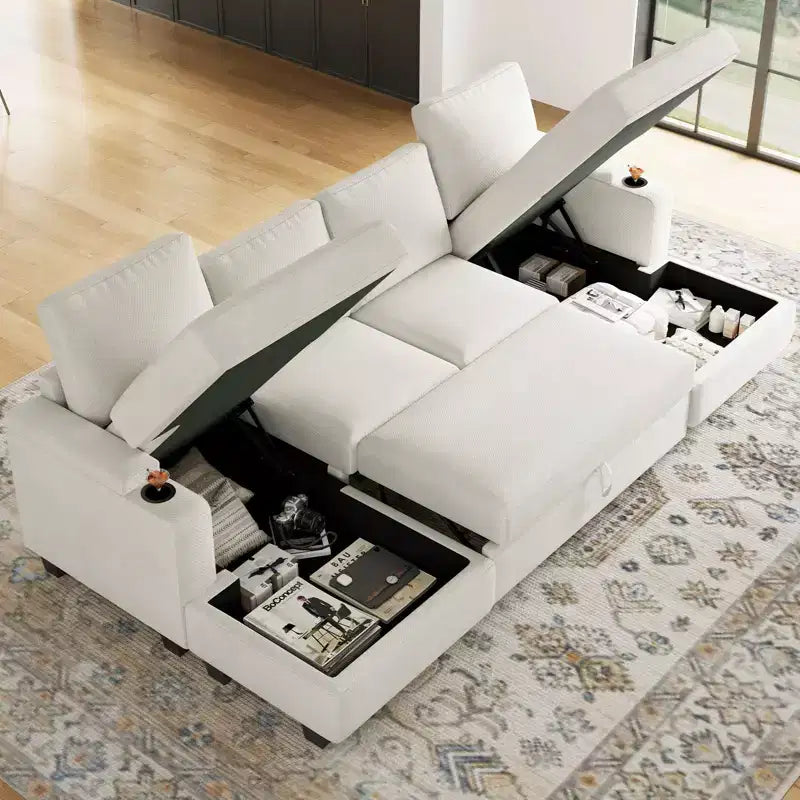Module chaise longue de rangement Belffin (côté droit) - Canapé sectionnel modulable en chenille avec compartiments cachés et assemblage rapide