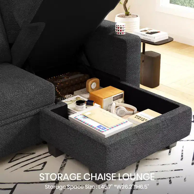 Module chaise longue de rangement Belffin (côté droit) - Canapé sectionnel modulable en chenille avec compartiments cachés et assemblage rapide