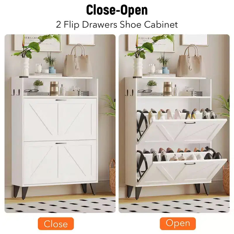 Meuble à Chaussures Acekool avec 2 Tiroirs Basculants et Rangement Ouvert, Organisateur de Chaussures d'Entrée avec Crochets et Pieds Métalliques