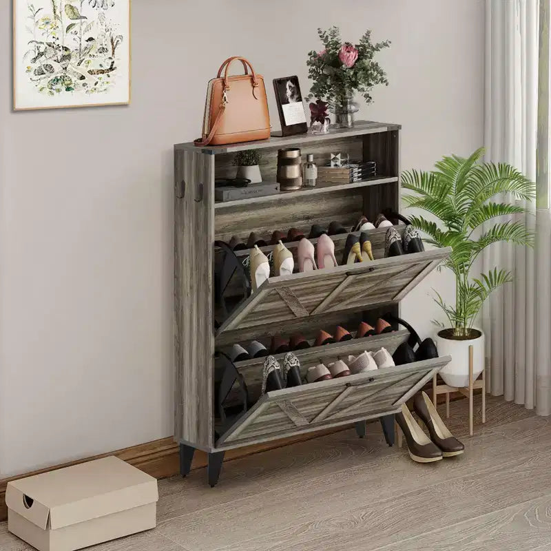 Meuble à Chaussures Acekool avec 2 Tiroirs Basculants et Rangement Ouvert, Organisateur de Chaussures d'Entrée avec Crochets et Pieds Métalliques
