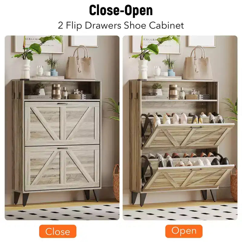 Meuble à Chaussures Acekool avec 2 Tiroirs Basculants et Rangement Ouvert, Organisateur de Chaussures d'Entrée avec Crochets et Pieds Métalliques