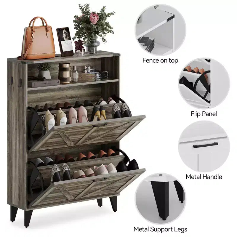 Meuble à Chaussures Acekool avec 2 Tiroirs Basculants et Rangement Ouvert, Organisateur de Chaussures d'Entrée avec Crochets et Pieds Métalliques