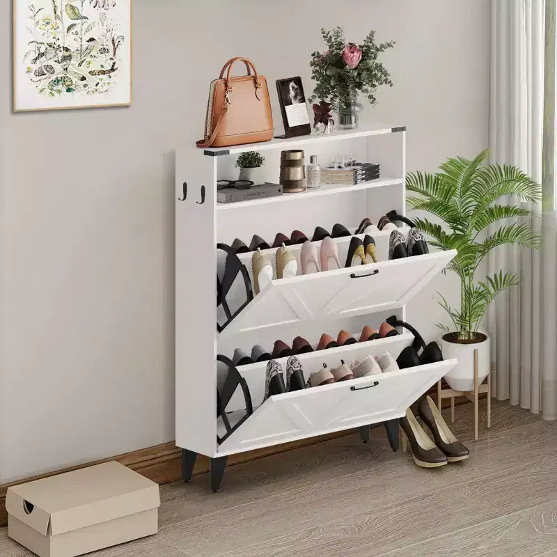 Meuble à Chaussures Acekool avec 2 Tiroirs Basculants et Rangement Ouvert, Organisateur de Chaussures d'Entrée avec Crochets et Pieds Métalliques