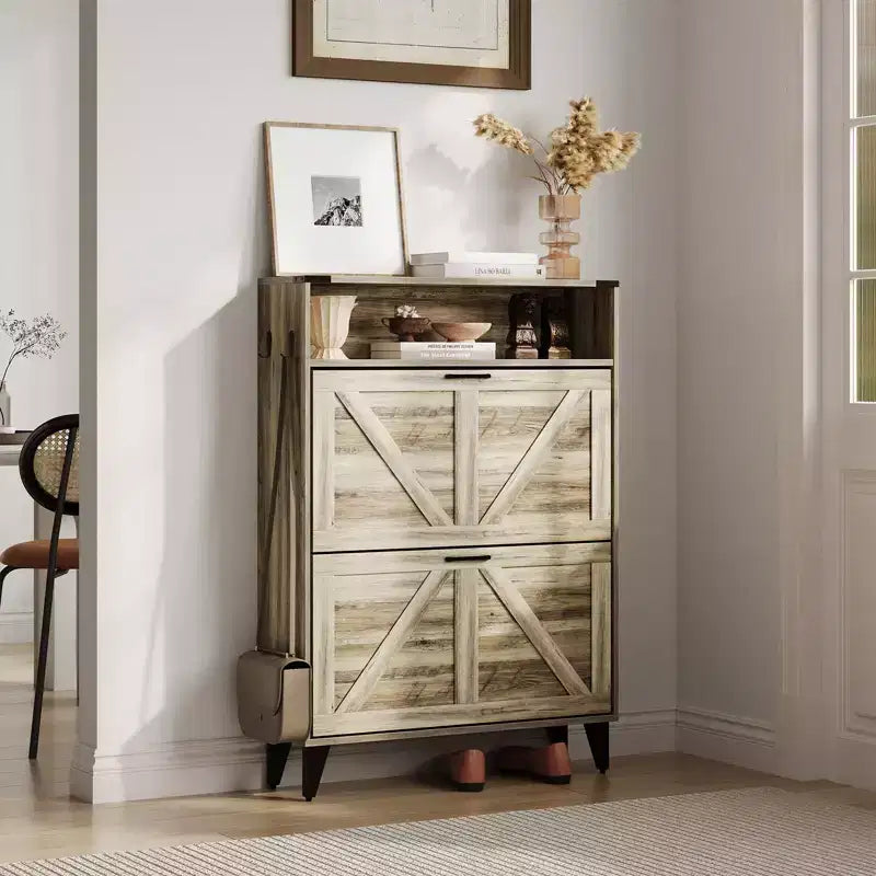 Acekool Shoe Cabinet with 2 Flip Drawers and Open Storage, Entryway Shoe Organizer with Hooks and Metal Legs