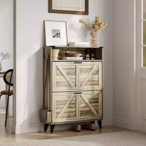 Acekool Shoe Cabinet with 2 Flip Drawers and Open Storage, Entryway Shoe Organizer with Hooks and Metal Legs