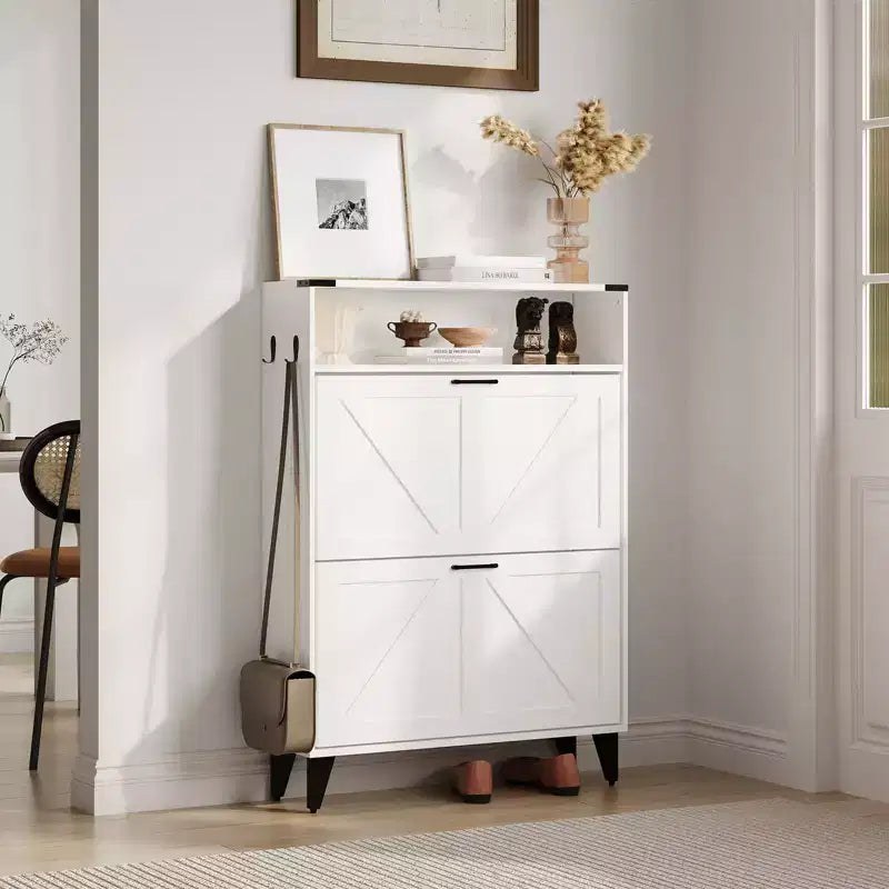 Meuble à Chaussures Acekool avec 2 Tiroirs Basculants et Rangement Ouvert, Organisateur de Chaussures d'Entrée avec Crochets et Pieds Métalliques