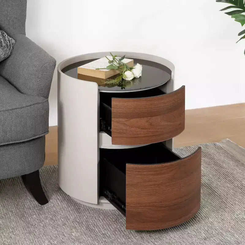 Table d'appoint ronde moderne Christopher Knight Home Ariday avec plateau en verre trempé et deux tiroirs