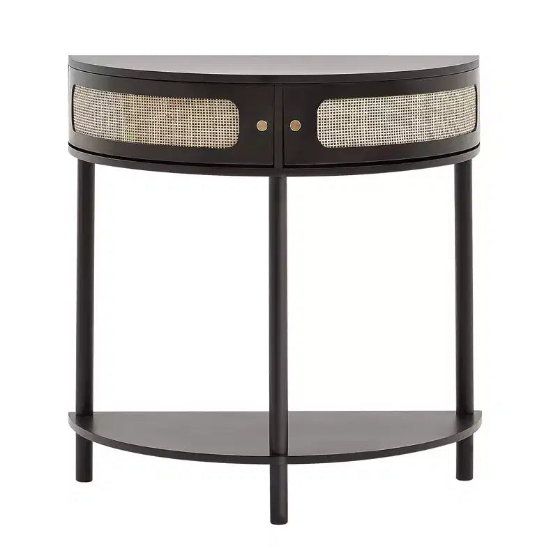 VEVOR Half-moon Rattan Console Table with 2 Drawers, Rattan Entryway Table with Natural Rattan Sliding Door, Console Table with Storage, Black