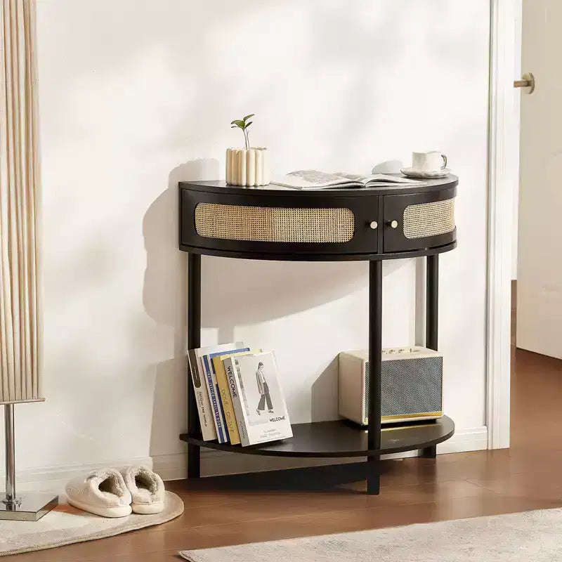 VEVOR Console demi-lune en rotin avec 2 tiroirs, Table d'entrée en rotin avec porte coulissante en rotin naturel, Console avec rangement, Noir