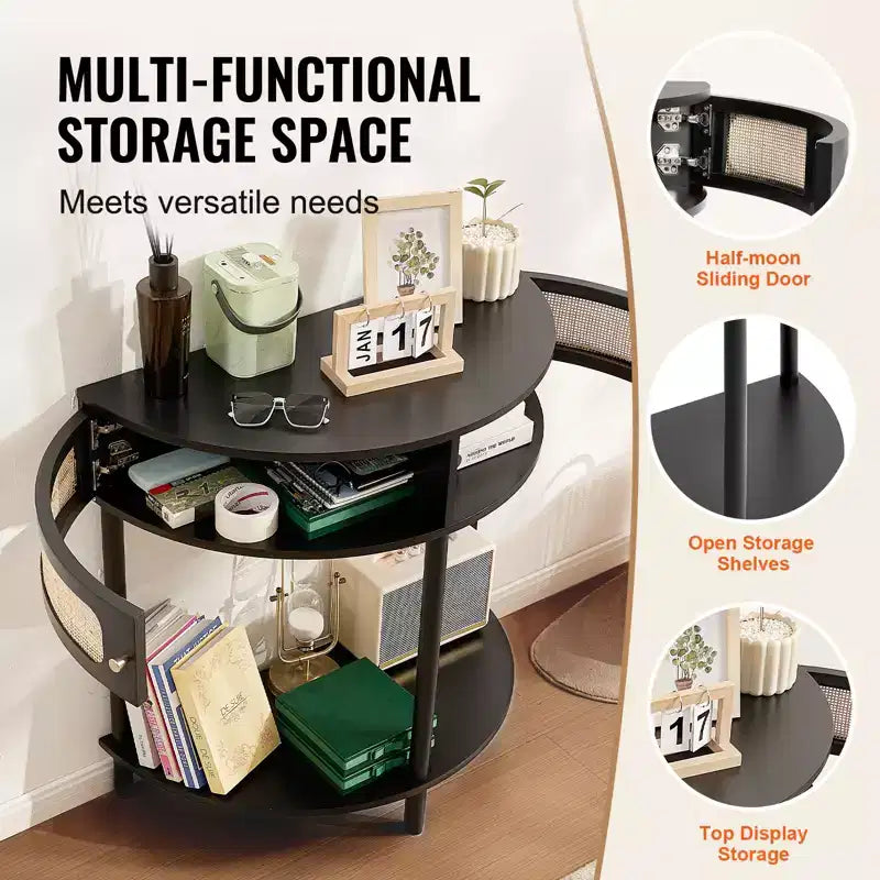 VEVOR Console demi-lune en rotin avec 2 tiroirs, Table d'entrée en rotin avec porte coulissante en rotin naturel, Console avec rangement, Noir