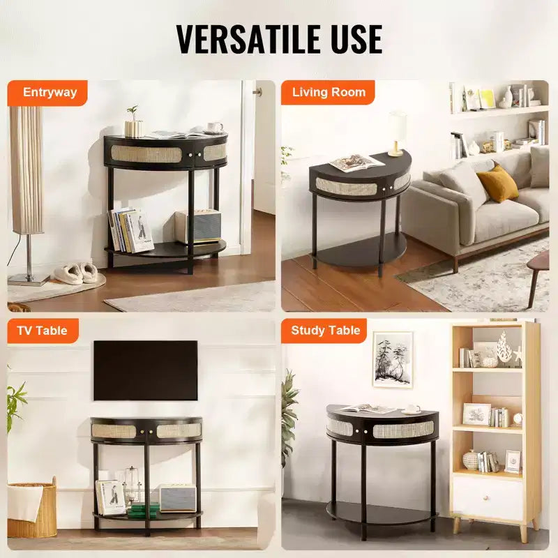 VEVOR Console demi-lune en rotin avec 2 tiroirs, Table d'entrée en rotin avec porte coulissante en rotin naturel, Console avec rangement, Noir