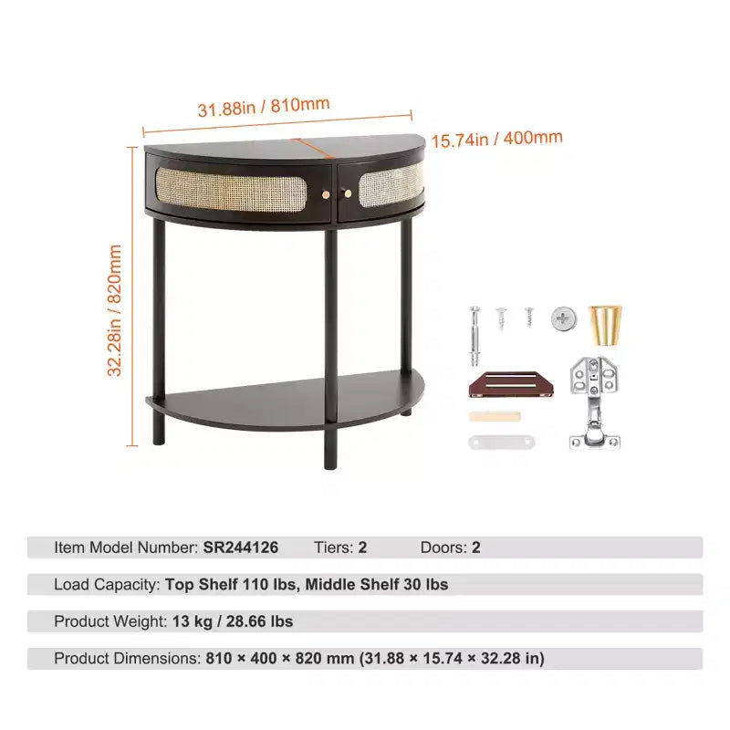 VEVOR Console demi-lune en rotin avec 2 tiroirs, Table d'entrée en rotin avec porte coulissante en rotin naturel, Console avec rangement, Noir