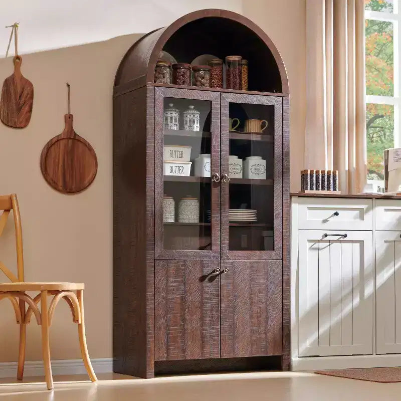 Meuble de rangement de cuisine moderne de style campagnard, buffet haut à 4 portes avec tiroir caché et étagères réglables, 180 cm