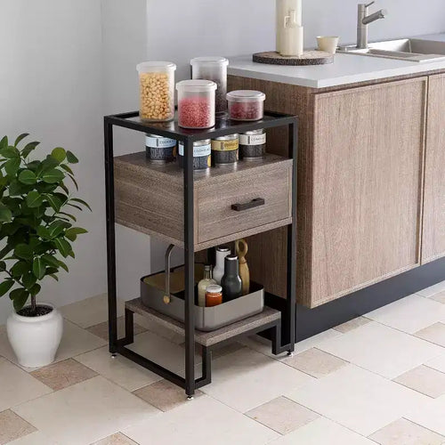 Table de chevet Acekool avec tiroir de rangement, 3 étagères et plateau en verre trempé, table d'appoint à cadre en acier pour chambre ou dortoir, assemblage facile
