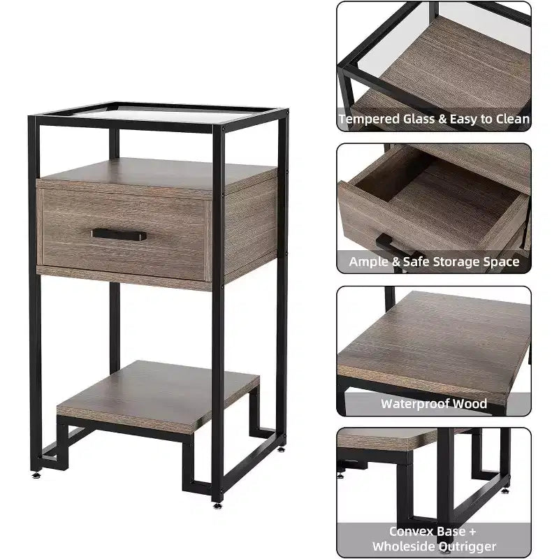 Table de chevet Acekool avec tiroir de rangement, 3 étagères et plateau en verre trempé, table d'appoint à cadre en acier pour chambre ou dortoir, assemblage facile
