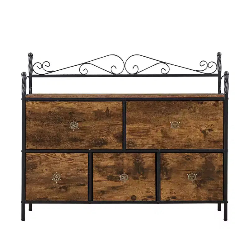 Commode à 5 tiroirs VECELO en bois, table de chevet/d'appoint pour salon ou chambre à coucher, poignée facile à tirer, marron/gris