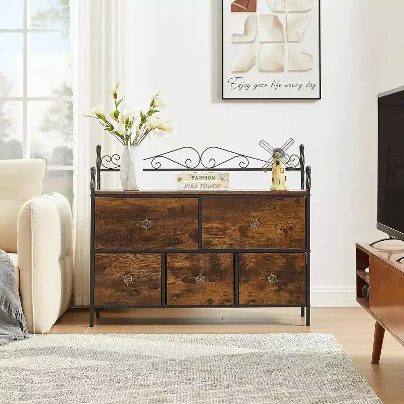 Commode à 5 tiroirs VECELO en bois, table de chevet/d'appoint pour salon ou chambre à coucher, poignée facile à tirer, marron/gris